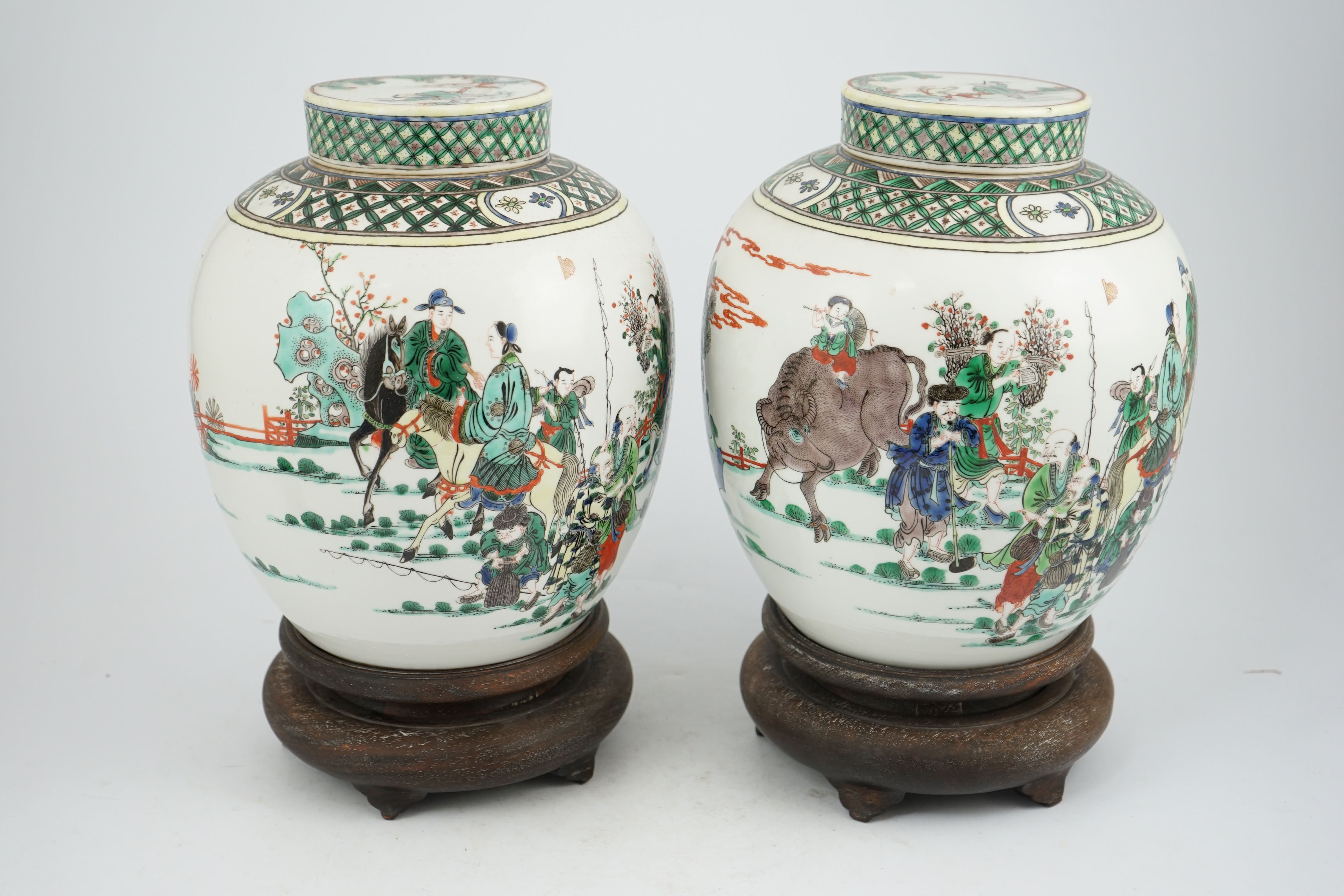 A pair of large Chinese famille verte globular jars and covers, early 20th century